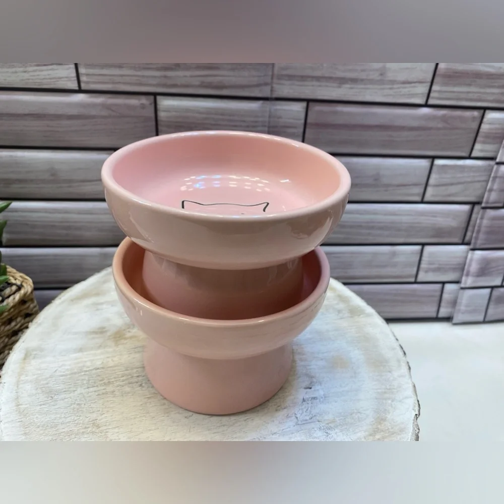 Signature ❤️Cute cat face Elevated cat bowl Pink set of 2 New